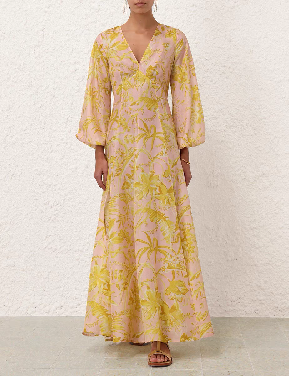 Zimmerma** Yellow Flower Print V-Neck Waist Lantern Long Sleeve Silk Dress