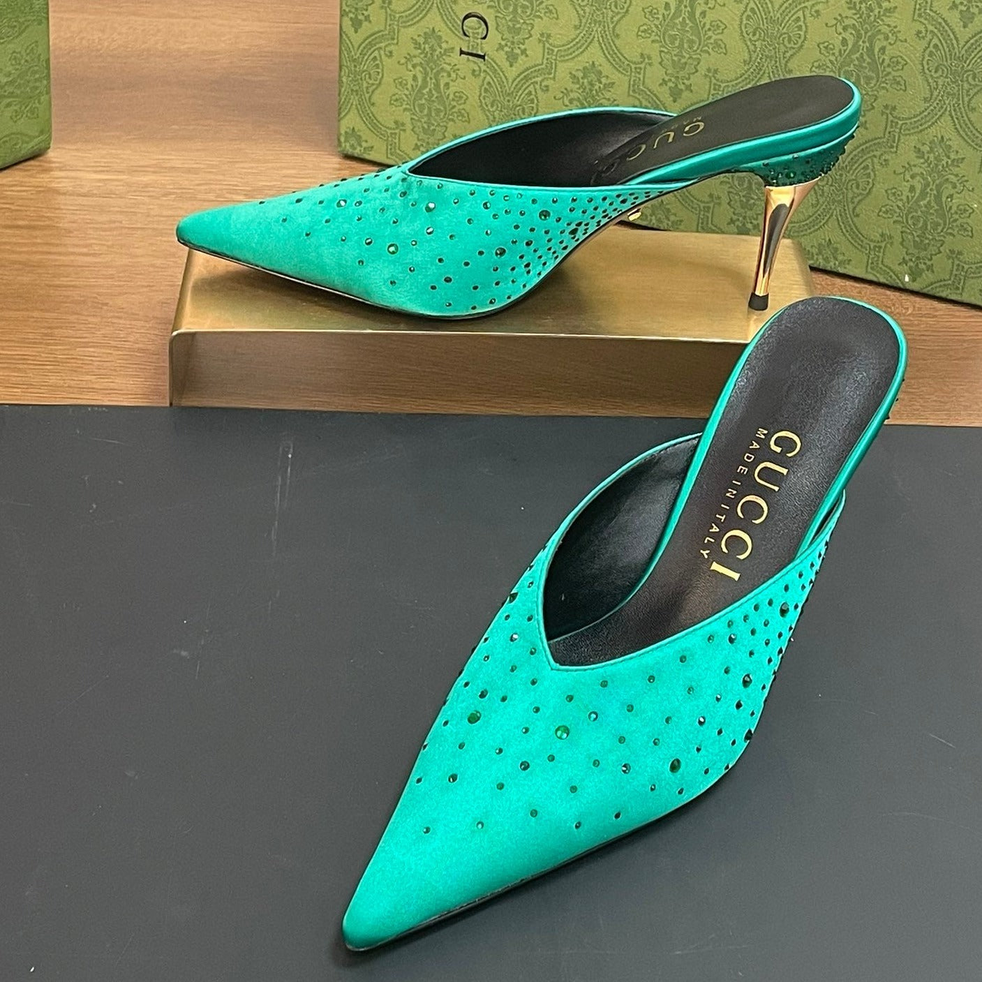 GUC* 24 silk satin rhinestone sandals 1:1 VIP