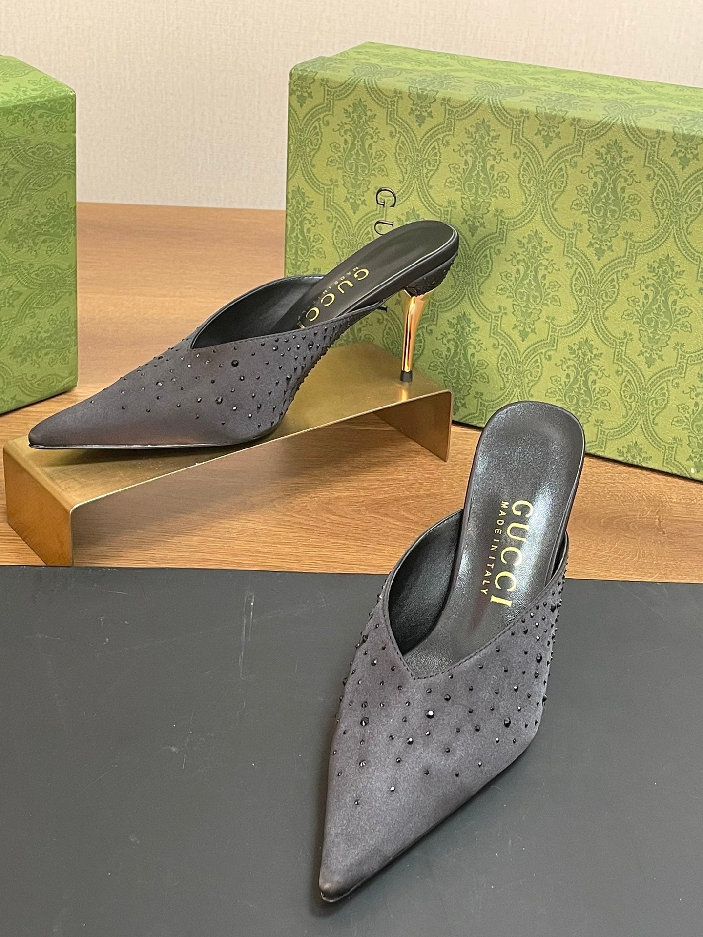 GUC* 24 silk satin rhinestone sandals 1:1 VIP