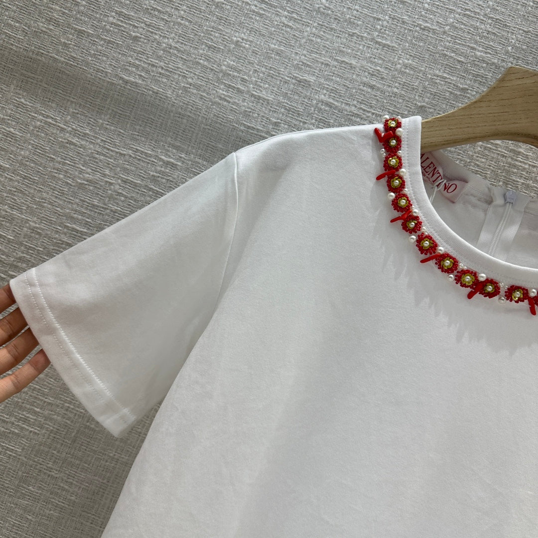 Valenti* 24 new red coral crystal beaded T-shirt