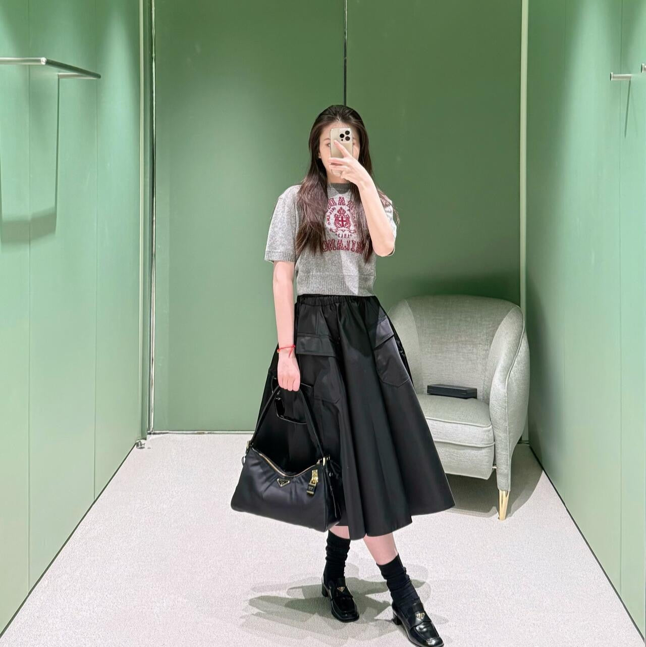 PR* 25SS elastic waist nylon long skirt