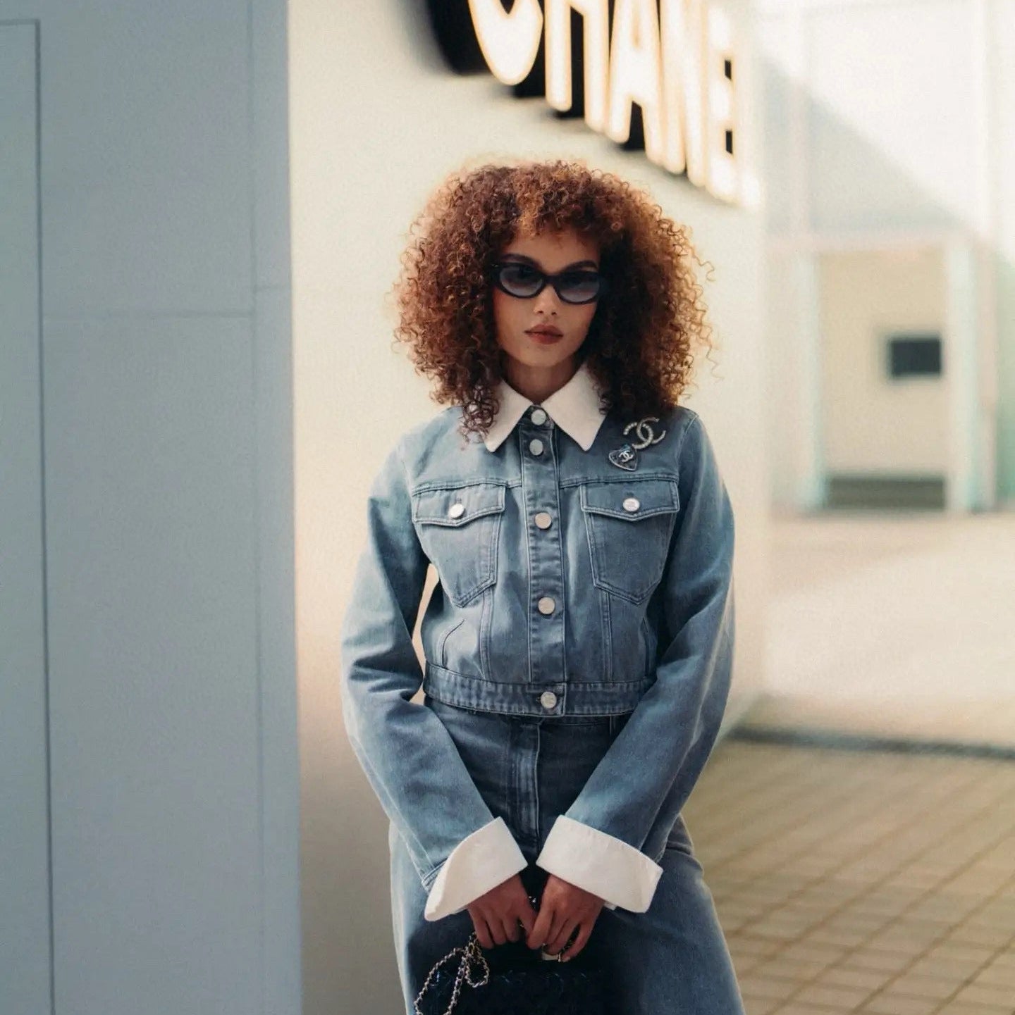 CHA* 25SS colorblock fake 2-piece denim jacket