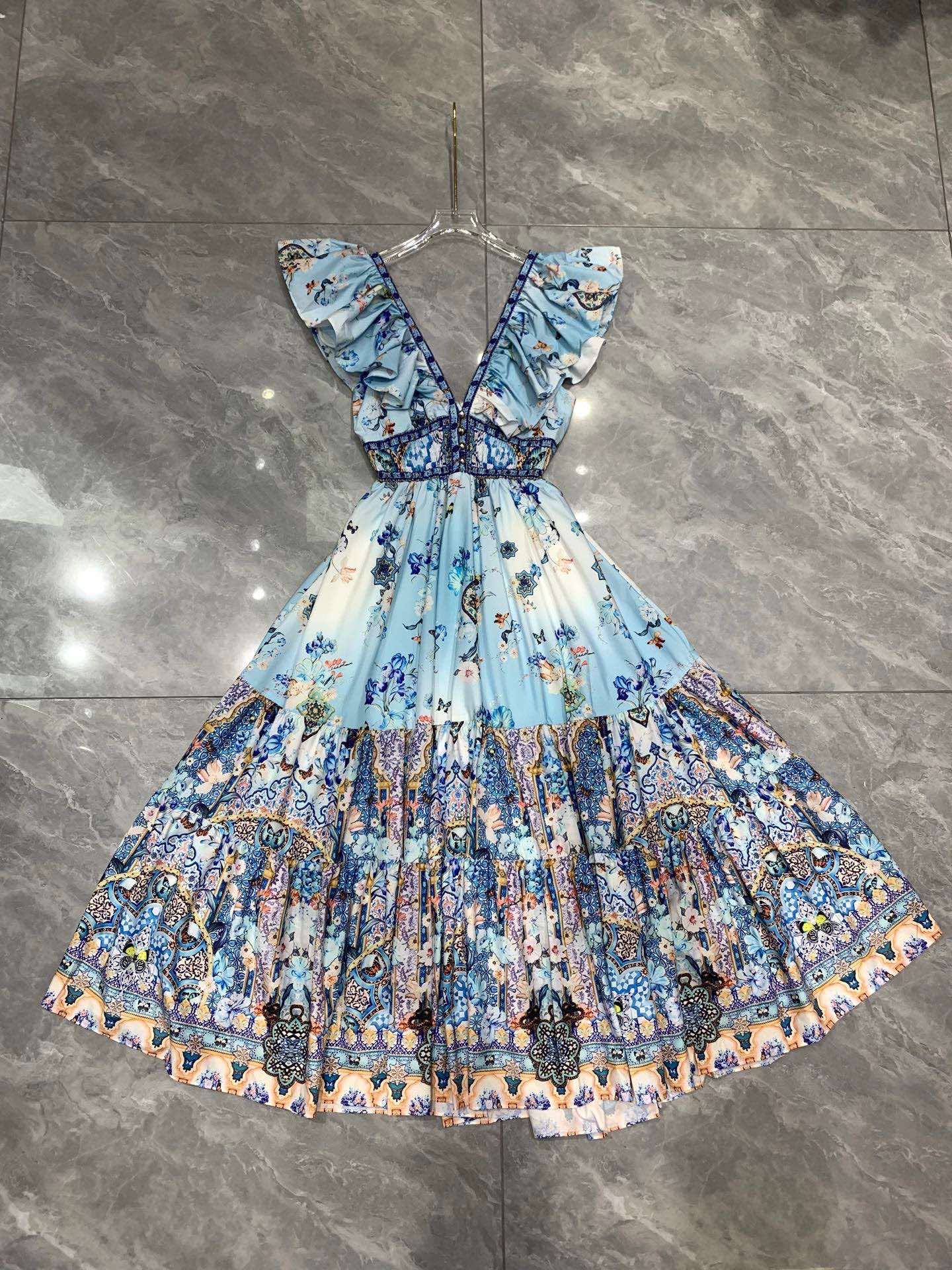 CAMILLA* Double V-neck lotus sleeve waist print skirt