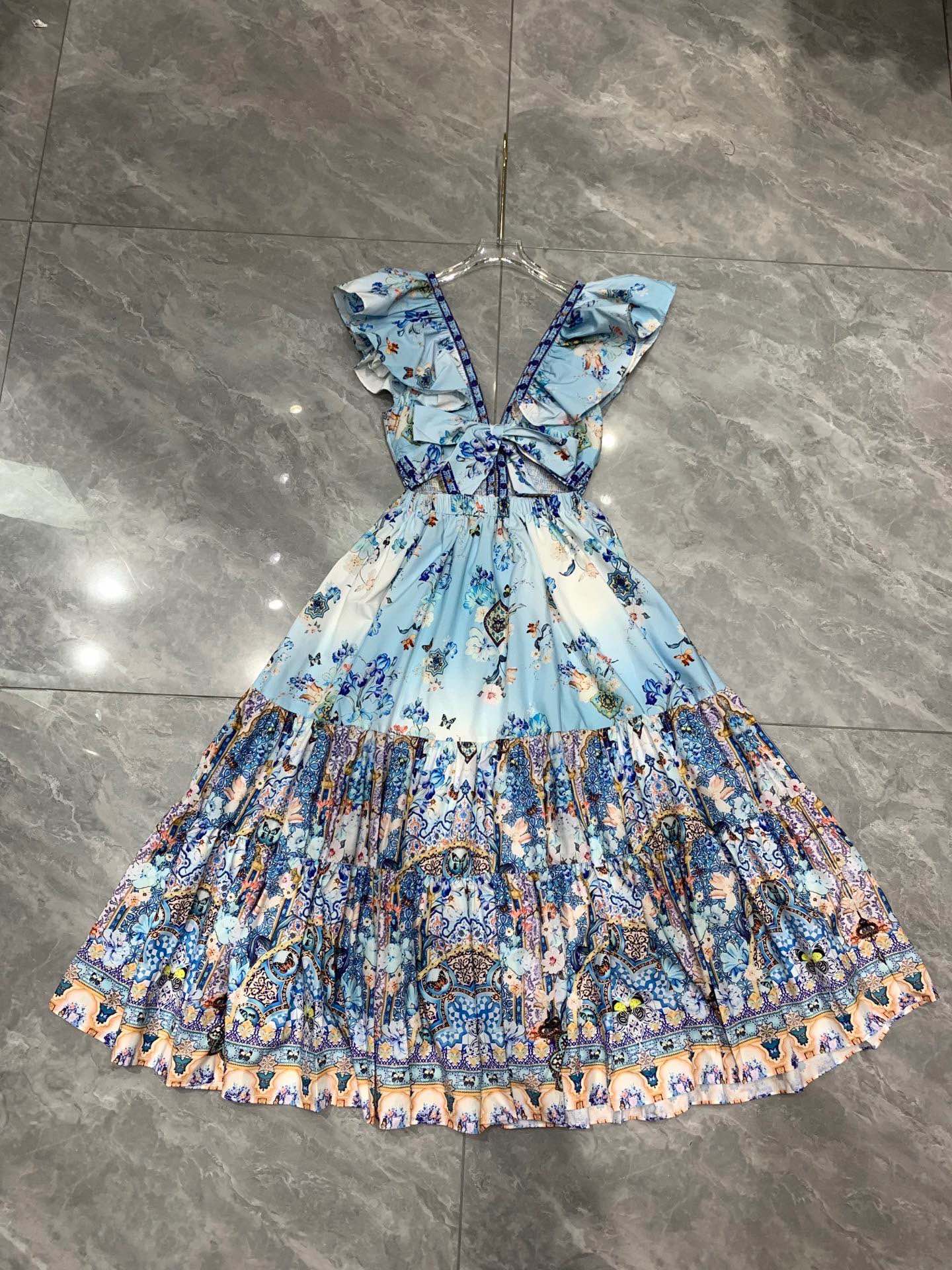 CAMILLA* Double V-neck lotus sleeve waist print skirt