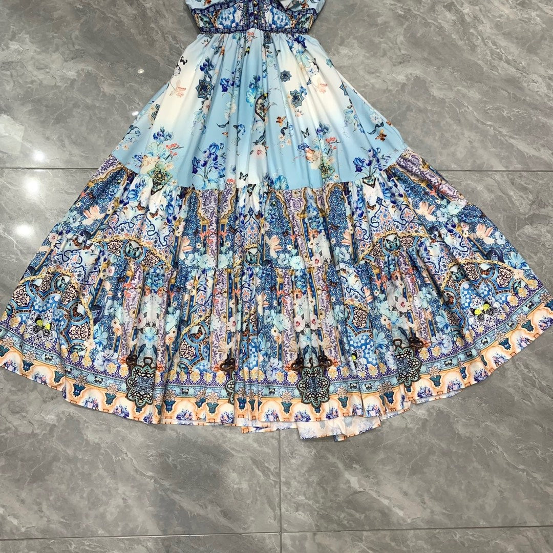 CAMILLA* Double V-neck lotus sleeve waist print skirt