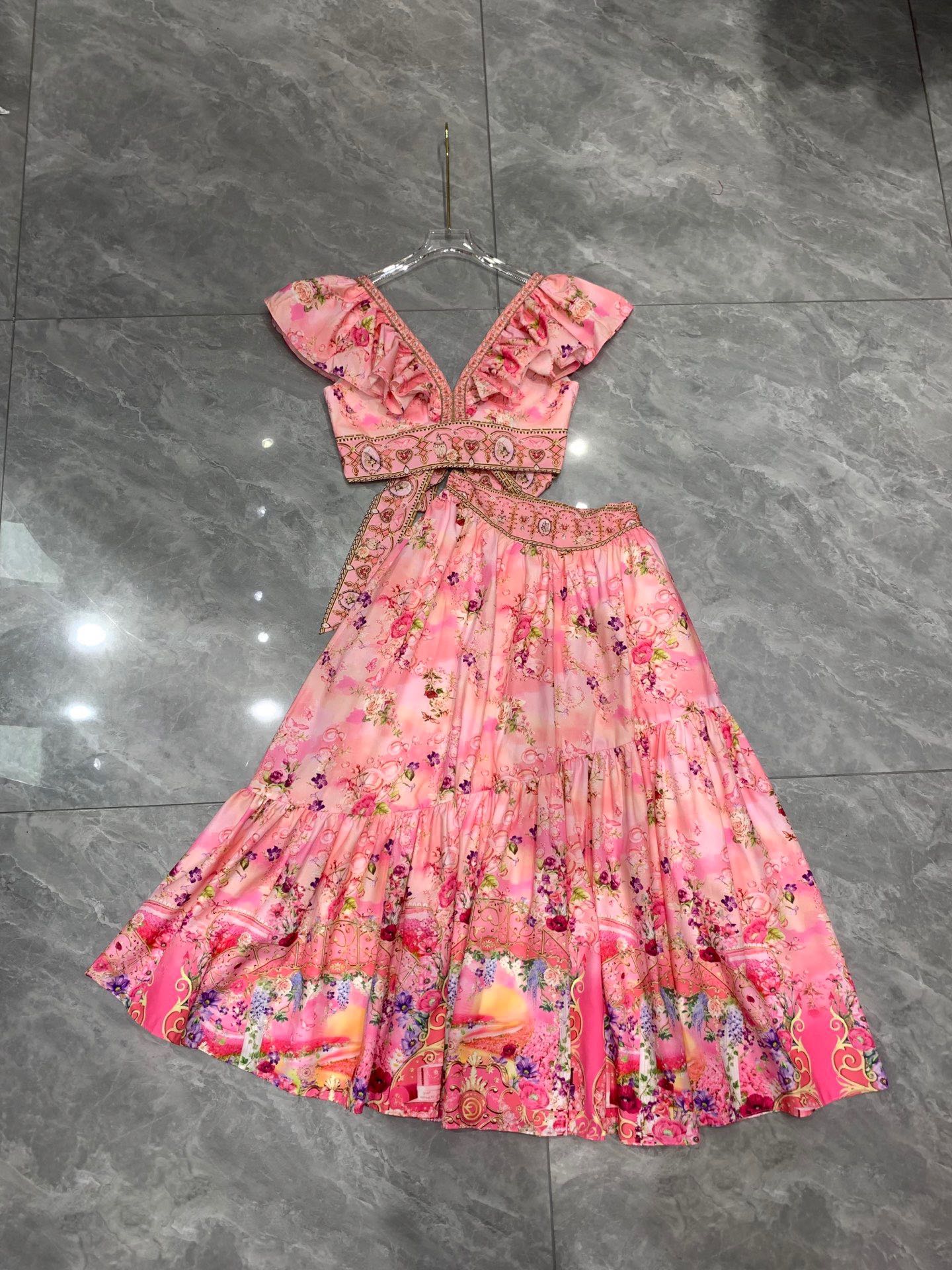 CAMILLA  Double V-neck ruffled back lace-up top + skirt set