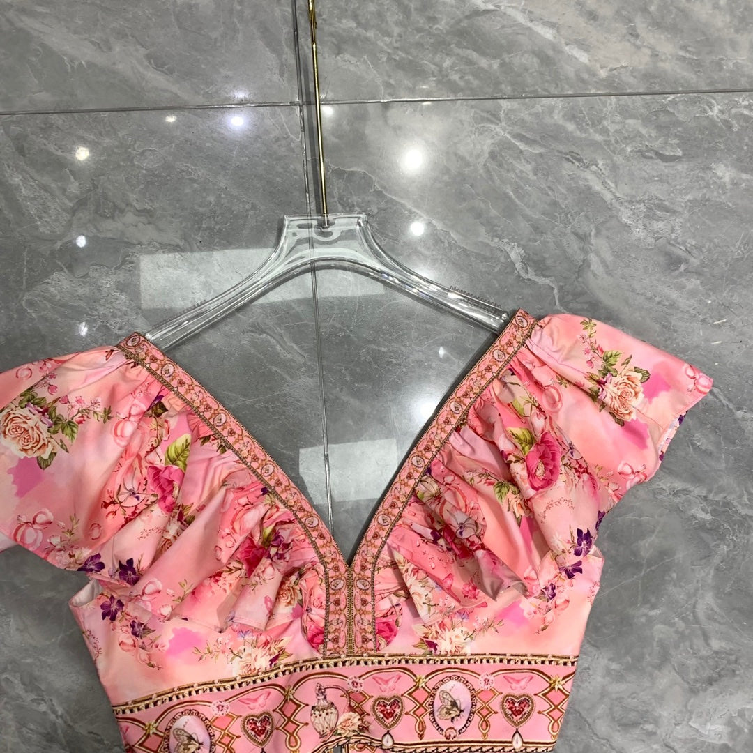 CAMILLA  Double V-neck ruffled back lace-up top + skirt set