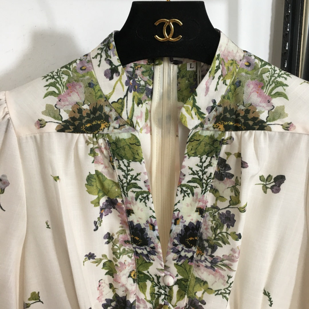 ZIMMERM* Flower Print V-Neck Waist Long Dress