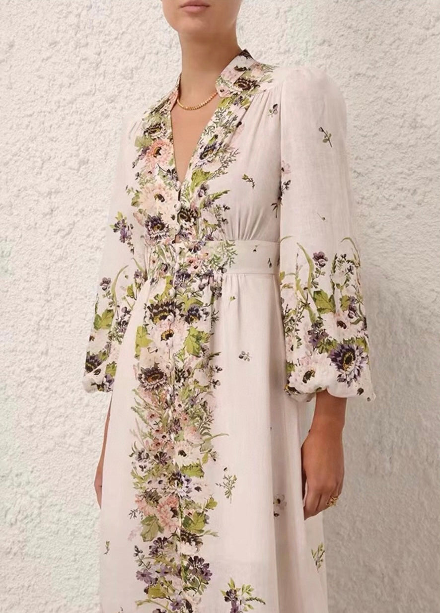 ZIMMERM* Flower Print V-Neck Waist Long Dress