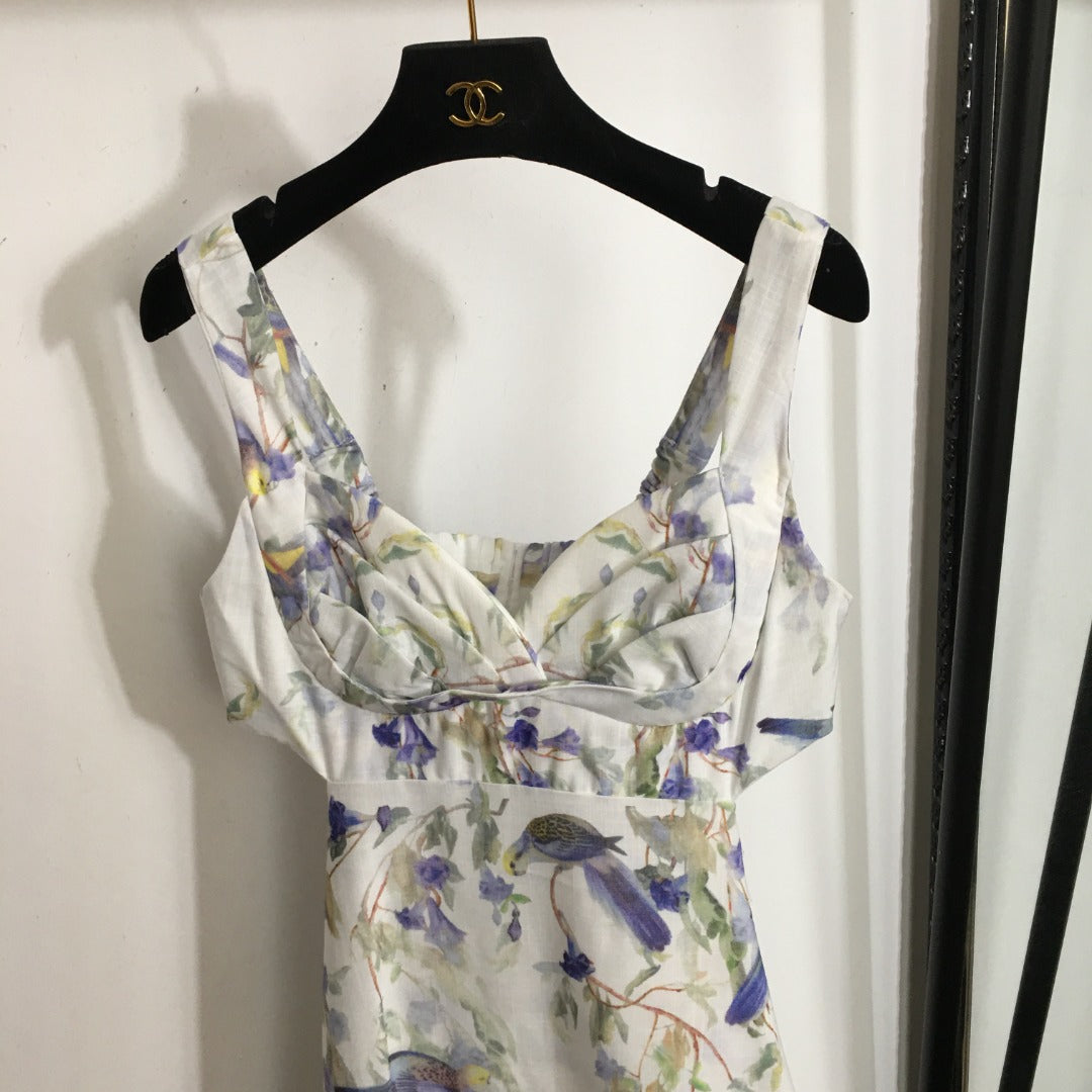 ZIMMERM*Flower and bird print backless suspender dress