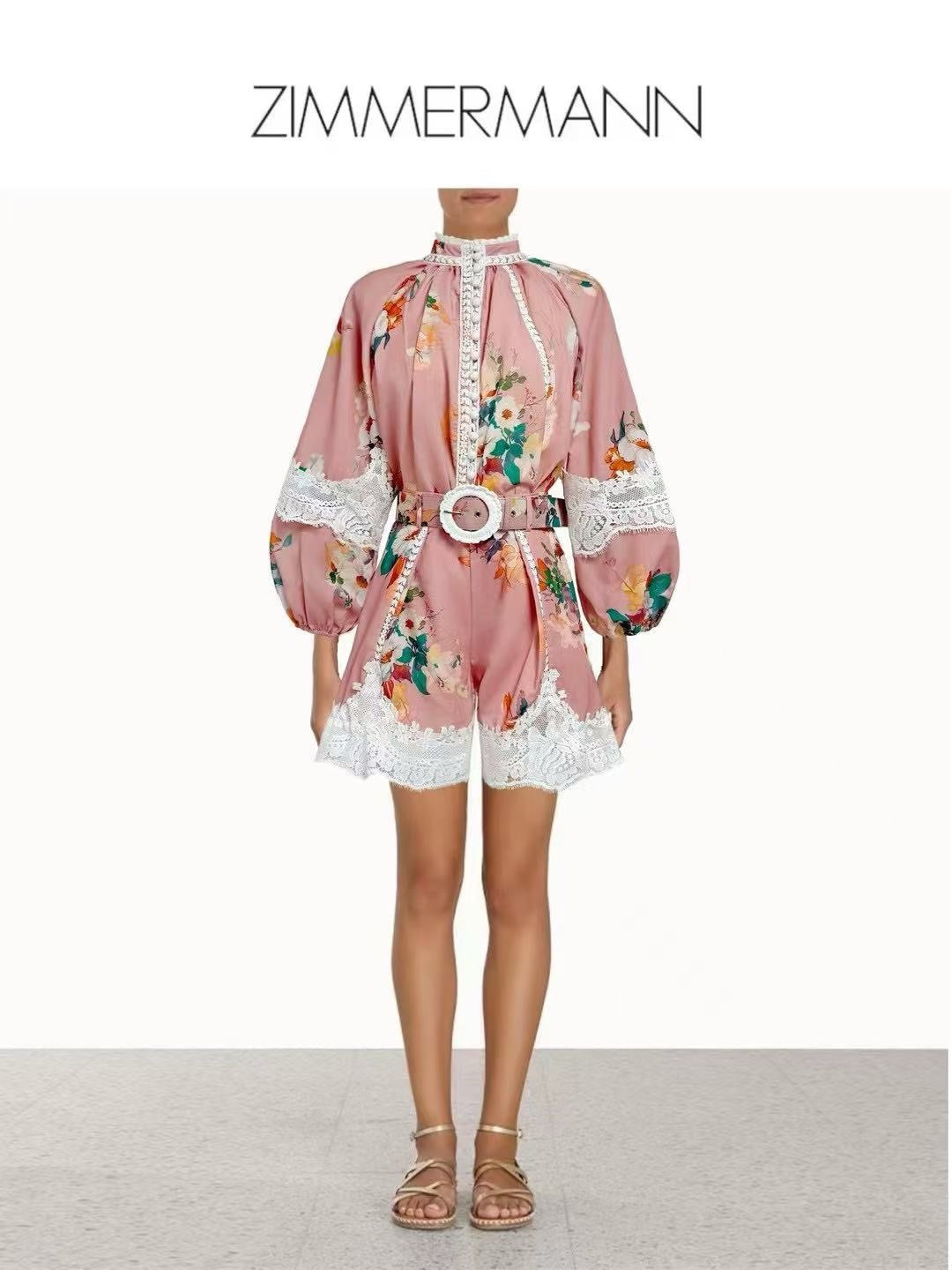 ZIMMERM* Stand-up collar lace top + shorts set