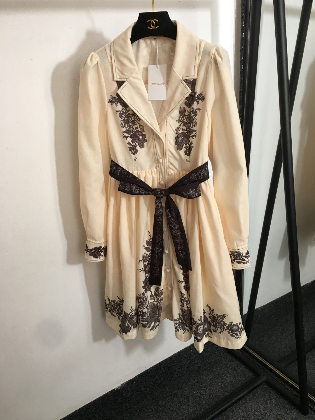 ZIM* Retro Flower Lace-up Waist Lapel Long Sleeve Dress