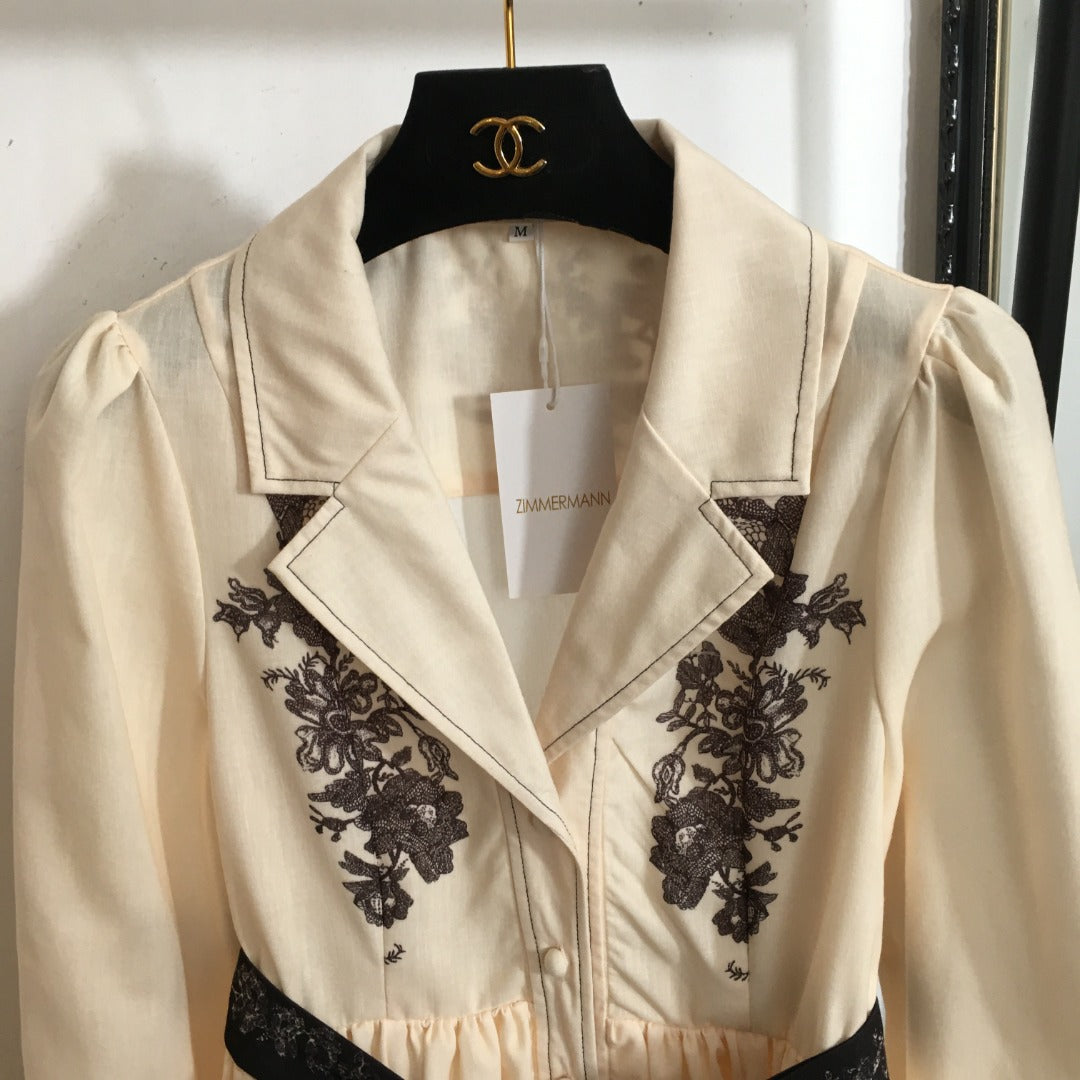 ZIM* Retro Flower Lace-up Waist Lapel Long Sleeve Dress