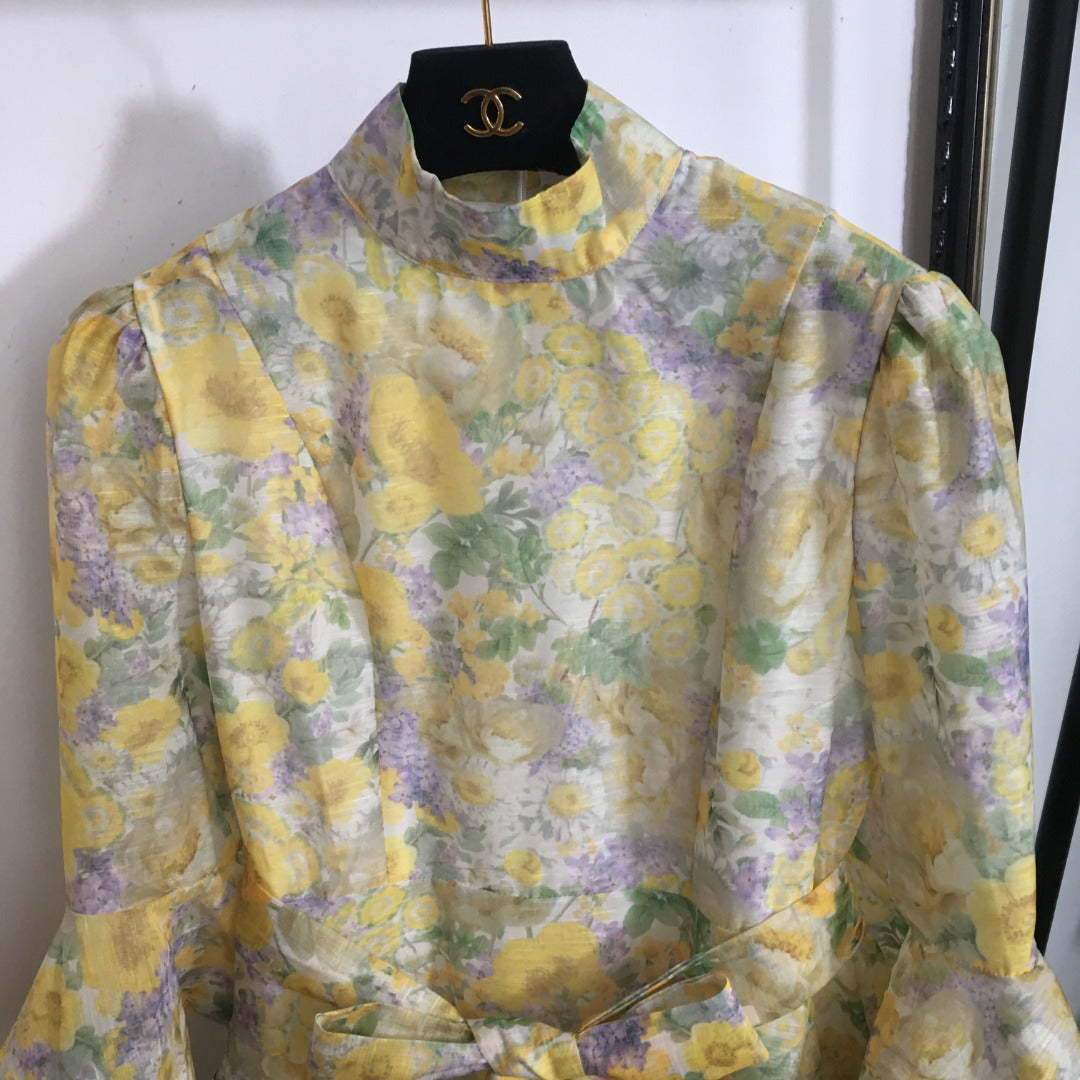 ZIM* Floral Print Tie-Waist Flared Long Sleeve Cake Dress