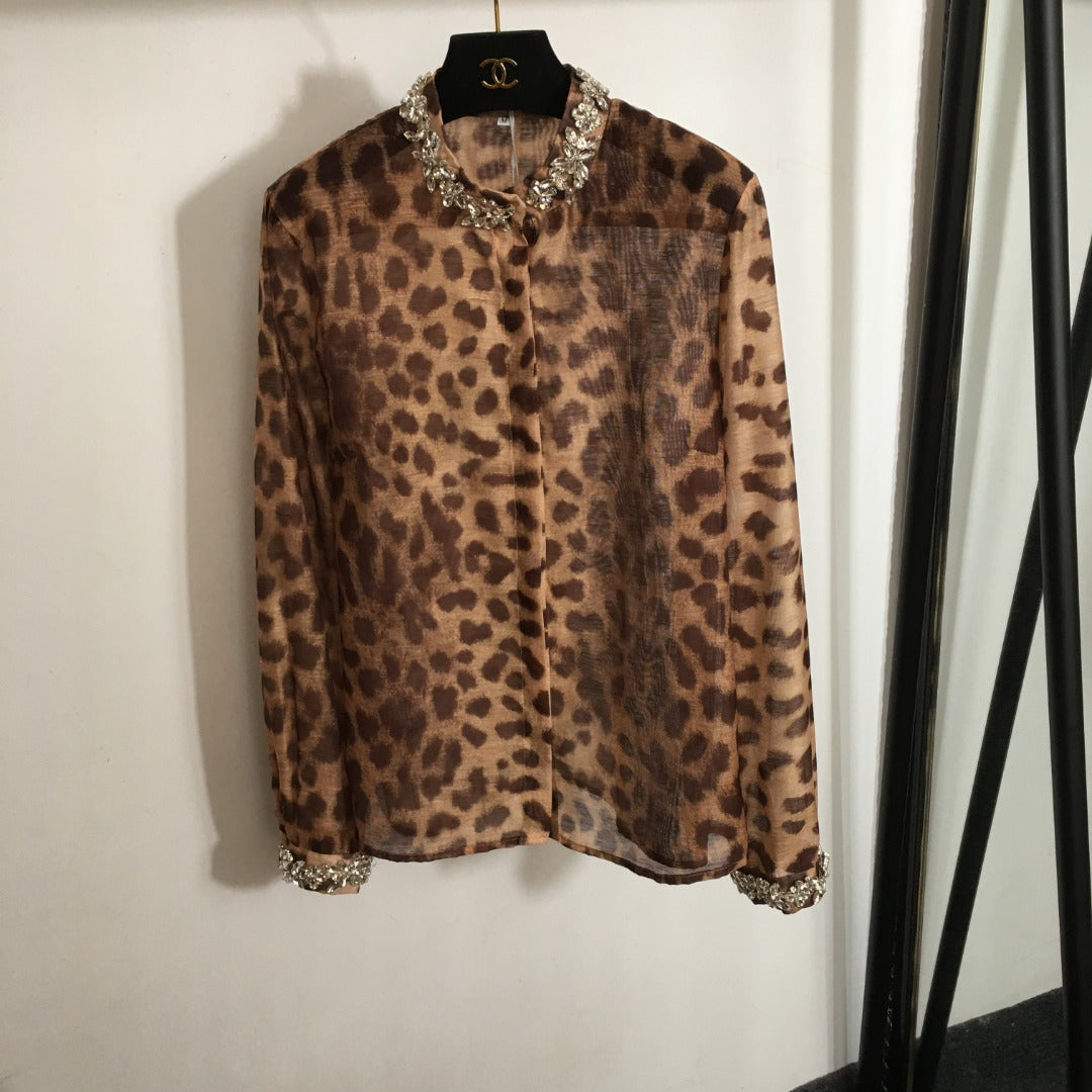 ZIM* Bubble leopard print long-sleeved shirt + high-waist fishtail skirt