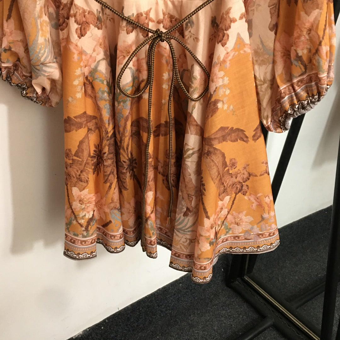 ZIM* Vintage floral print drawstring waist dress