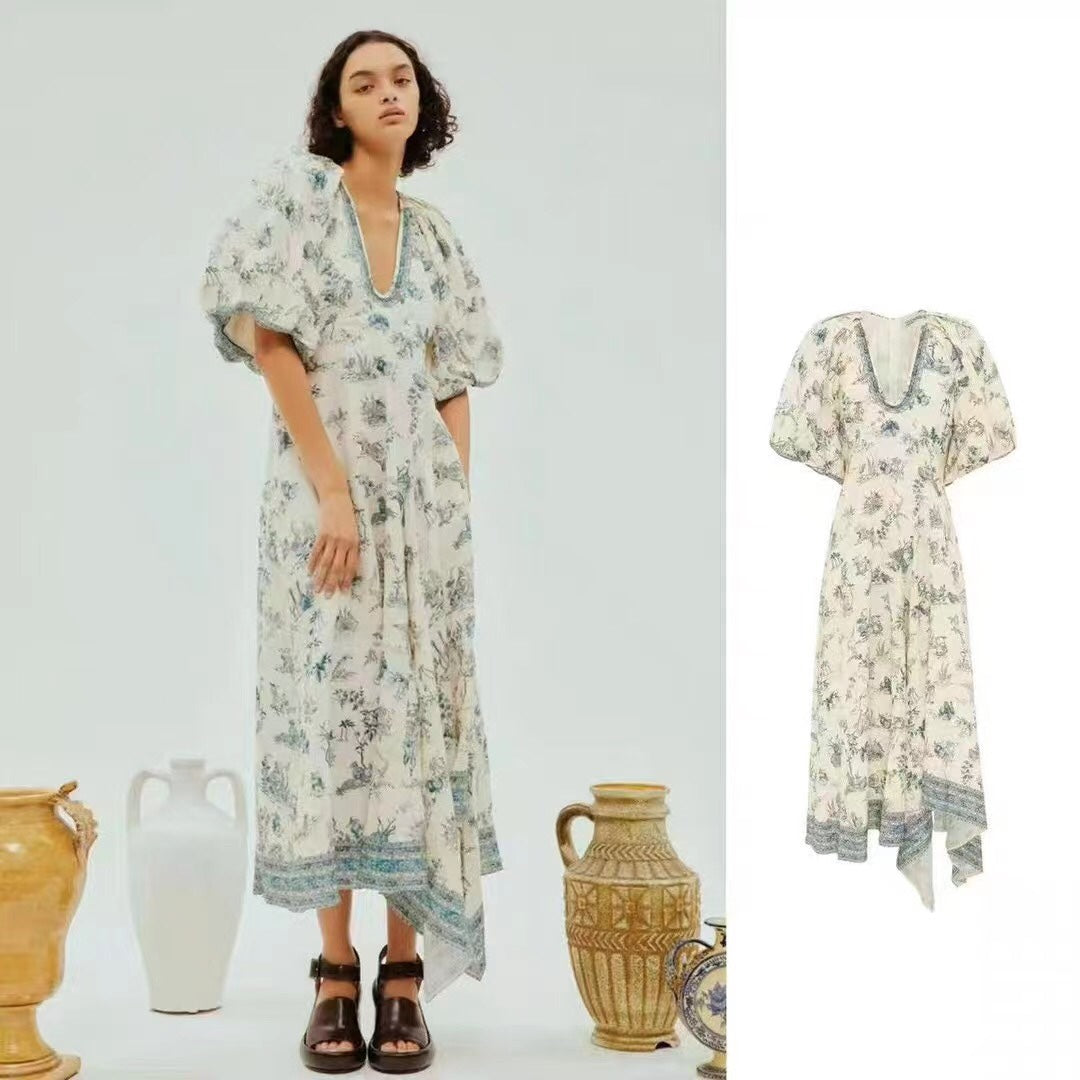 ZIM* Printed U-neck puff short-sleeved dress