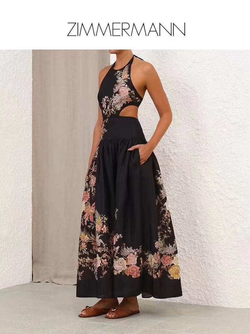 ZIM* Printed Sexy Backless Waist Halter Neck Tank Dress