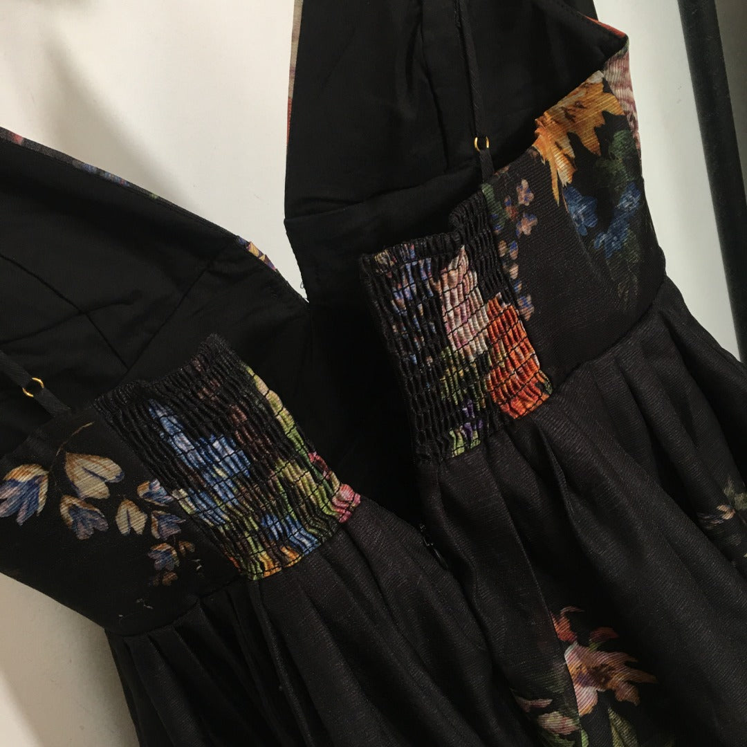 ZIM* Colorful Flower Print V-Neck Chain Dress