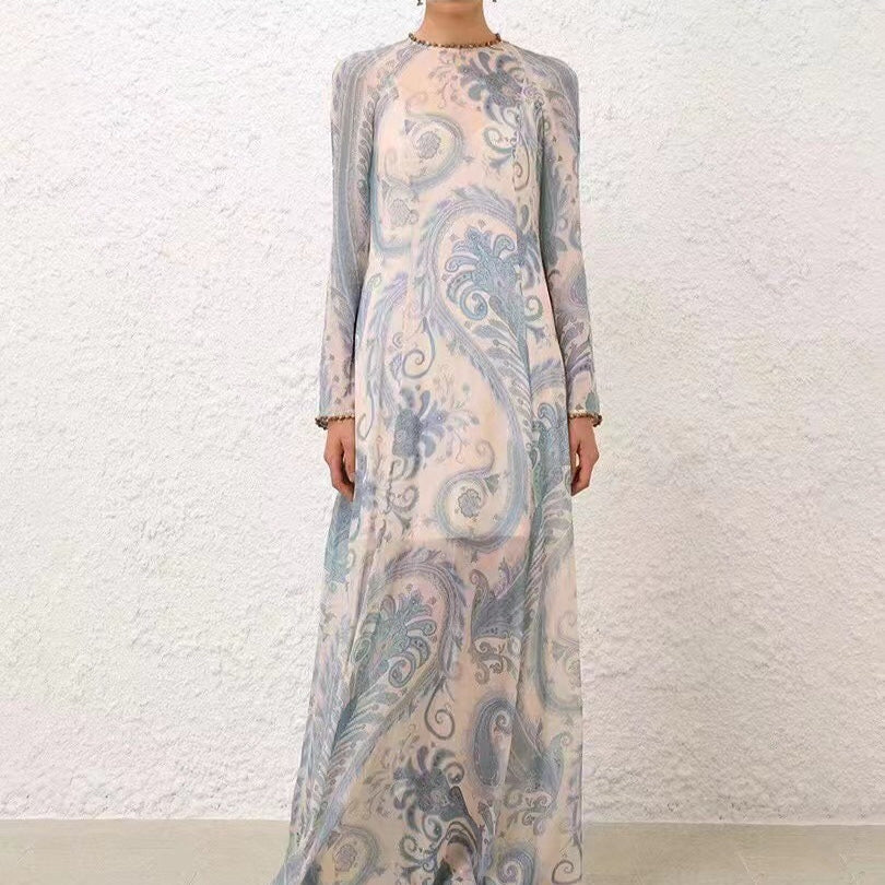 ZIM*Round neck tie waist long sleeve dress