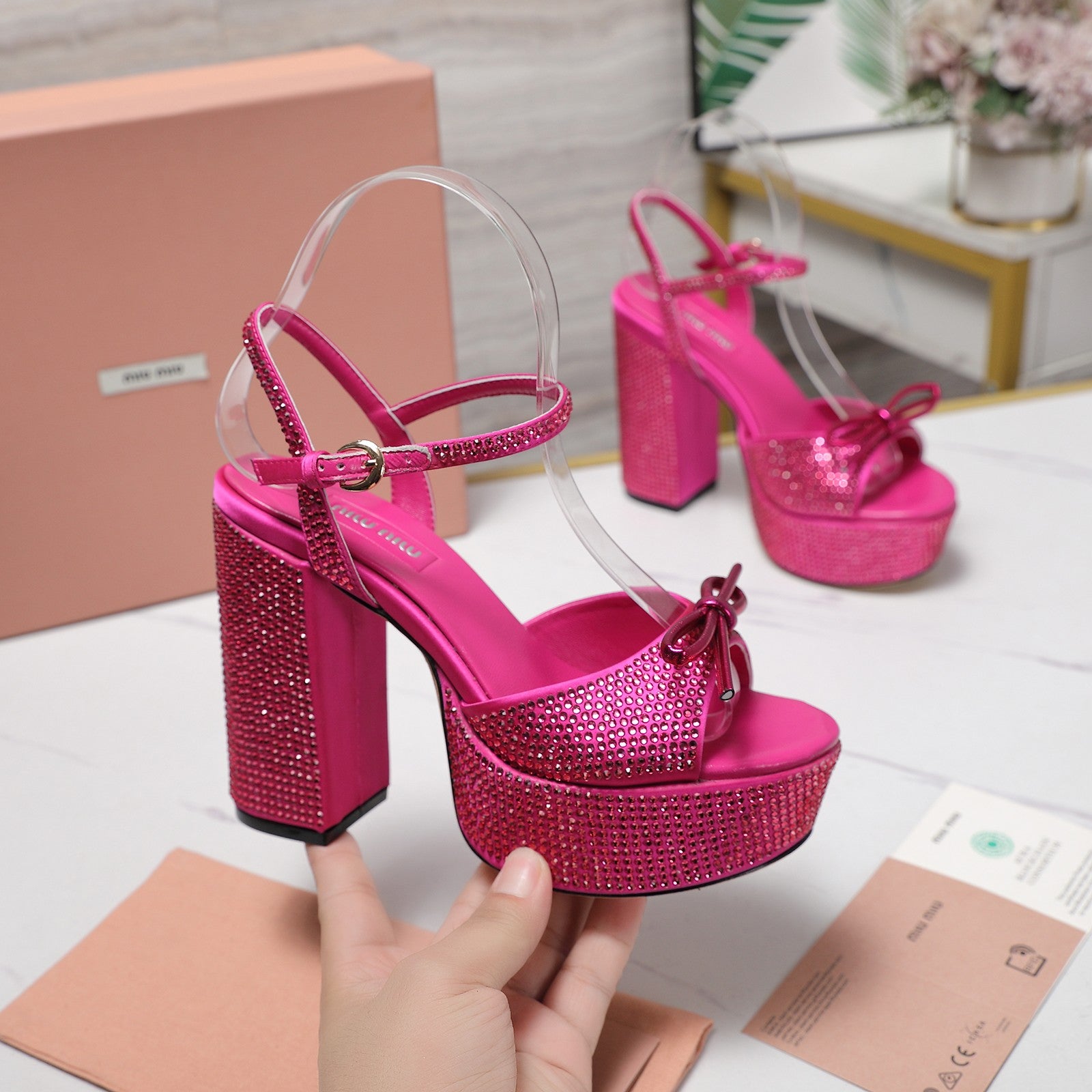 MIU* 25SS high heel rhinestone sandals