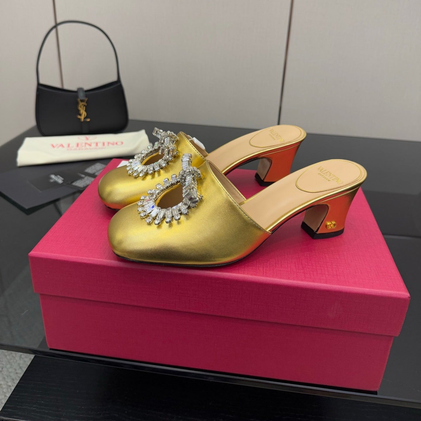 Valentin* 25SS crystal block heel sandals/flat sandals