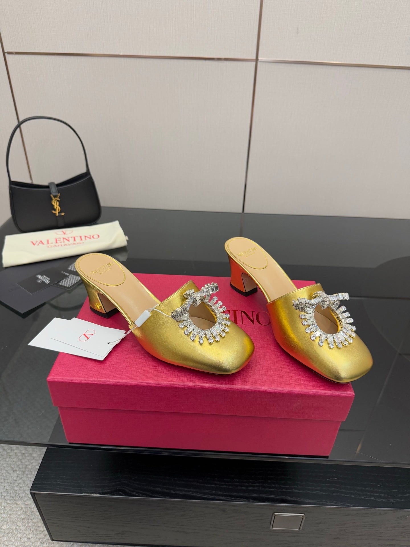 Valentin* 25SS crystal block heel sandals/flat sandals