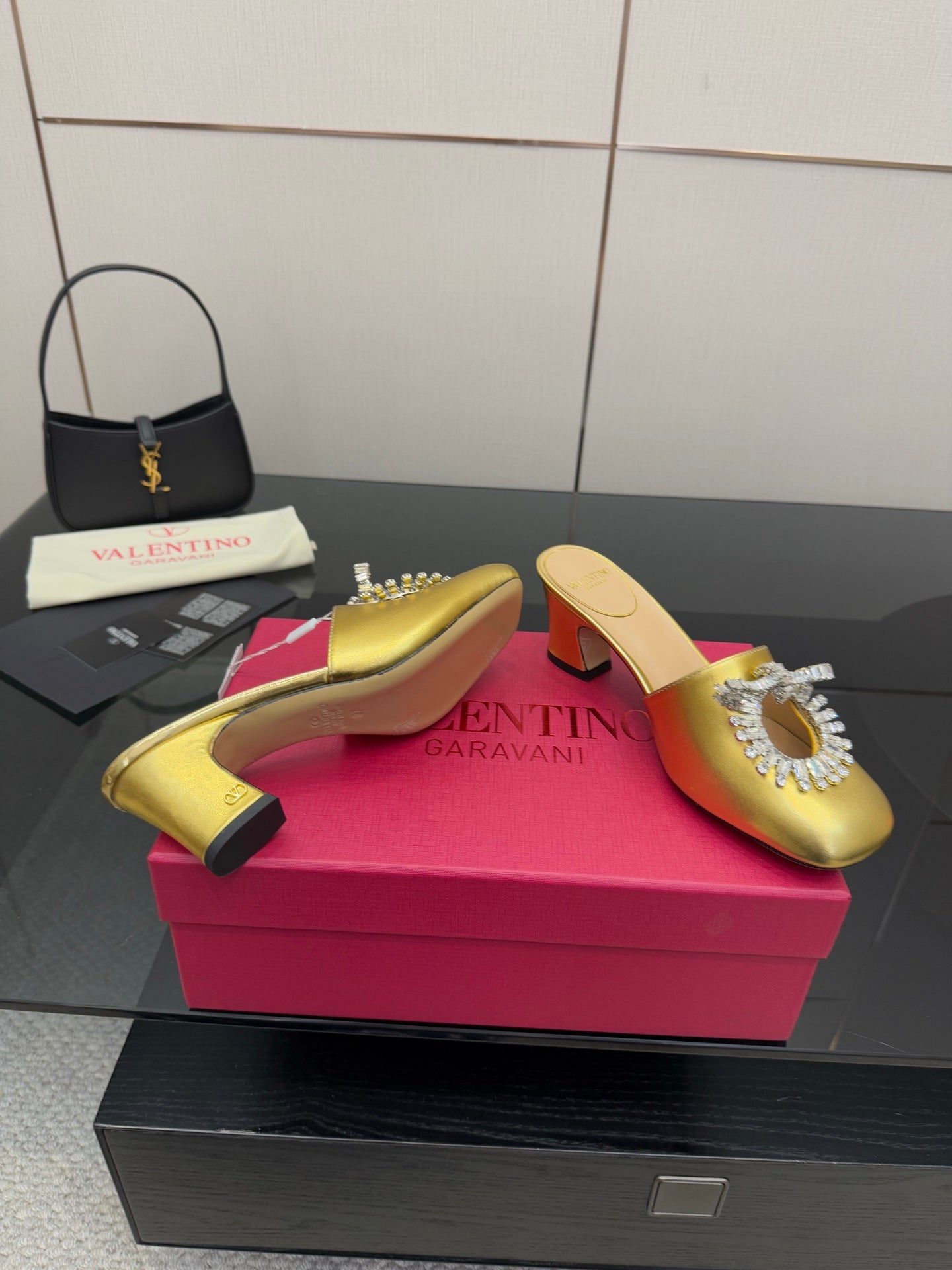 Valentin* 25SS crystal block heel sandals/flat sandals