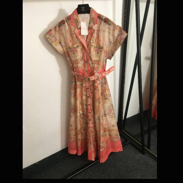 Zimmerma** New Pink Linen Flower Print Waist Short Sleeve Dress Long Skirt