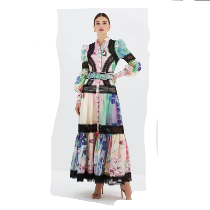 ZIM**** new color matching printed lace patchwork waist long sleeve dress, with belt, with suspender lining,