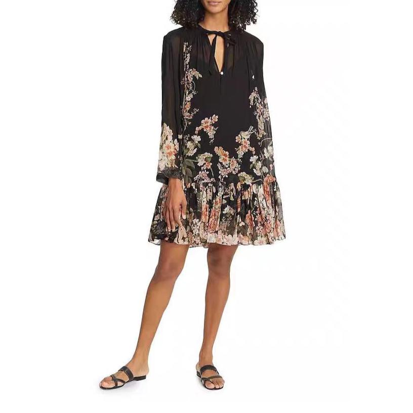 Zimmerma** Pink small flower print lotus leaf hem long sleeve flowing silk black dress