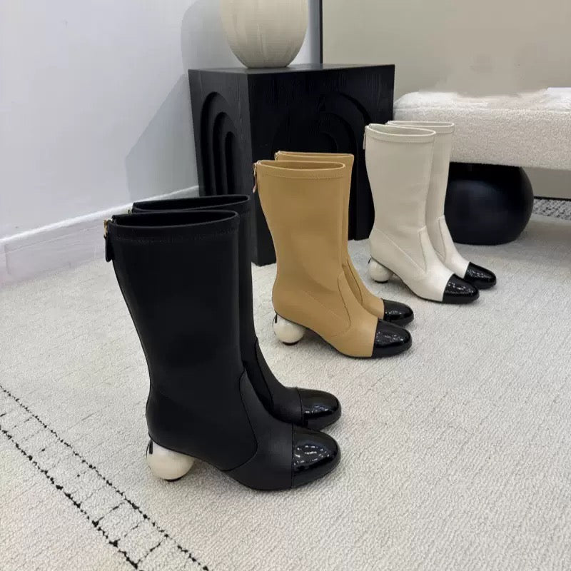 CHAN* 25SS mid-calf leather stretch boots