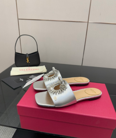 Valentin* 25SS crystal block heel sandals/flat sandals