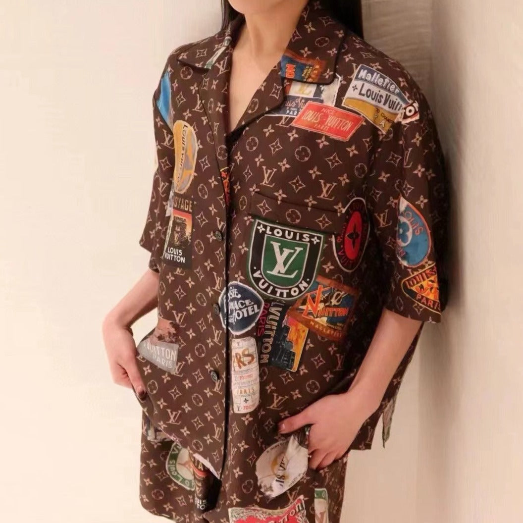 LV* new home style pajama set, retro stamp old flower logo printed short-sleeved shirt + shorts
