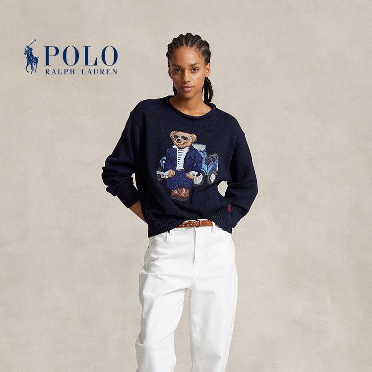Ralph Laur** Bear Heavy Embroidery Knitted Pullover Rolled Collar Long Sleeve Sweater Women Navy Blue