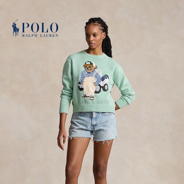Ralph Laur** Bear Heavy Embroidery RL Round Neck Knit Pullover Top Porcelain Green