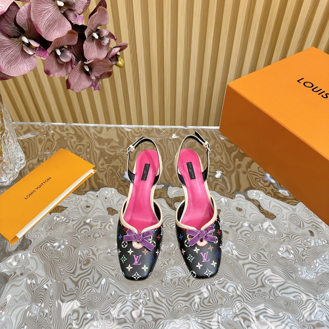 Retro literary velvet bow�cat heel sandals L*** VIP 1:1