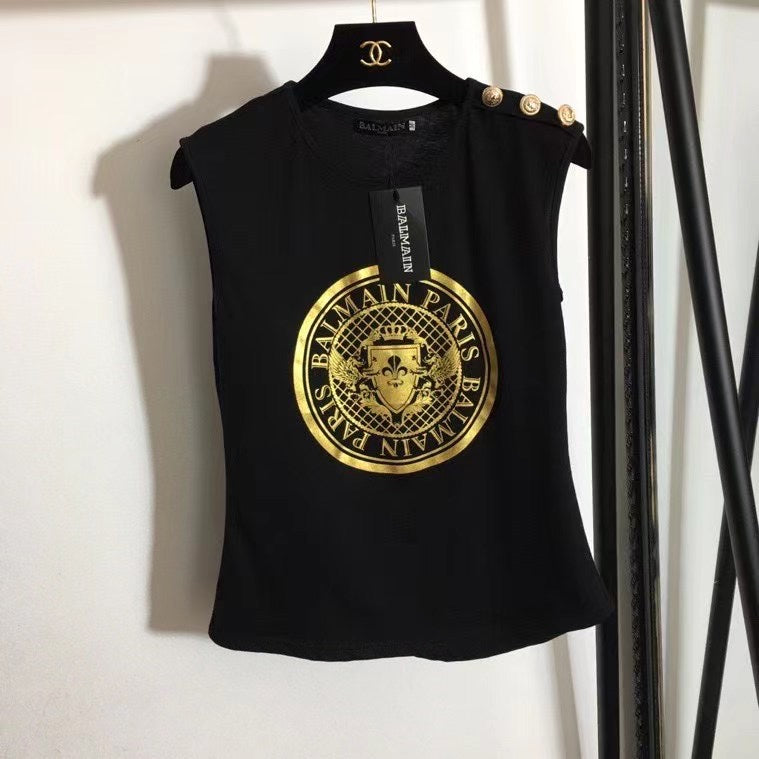 Balmai* new hot stamping printing custom metal shoulder buckle sleeveless T-shirt small vest