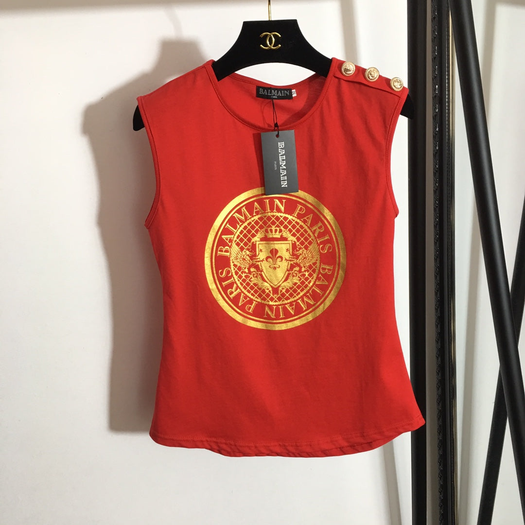Balmai* new hot stamping printing custom metal shoulder buckle sleeveless T-shirt small vest