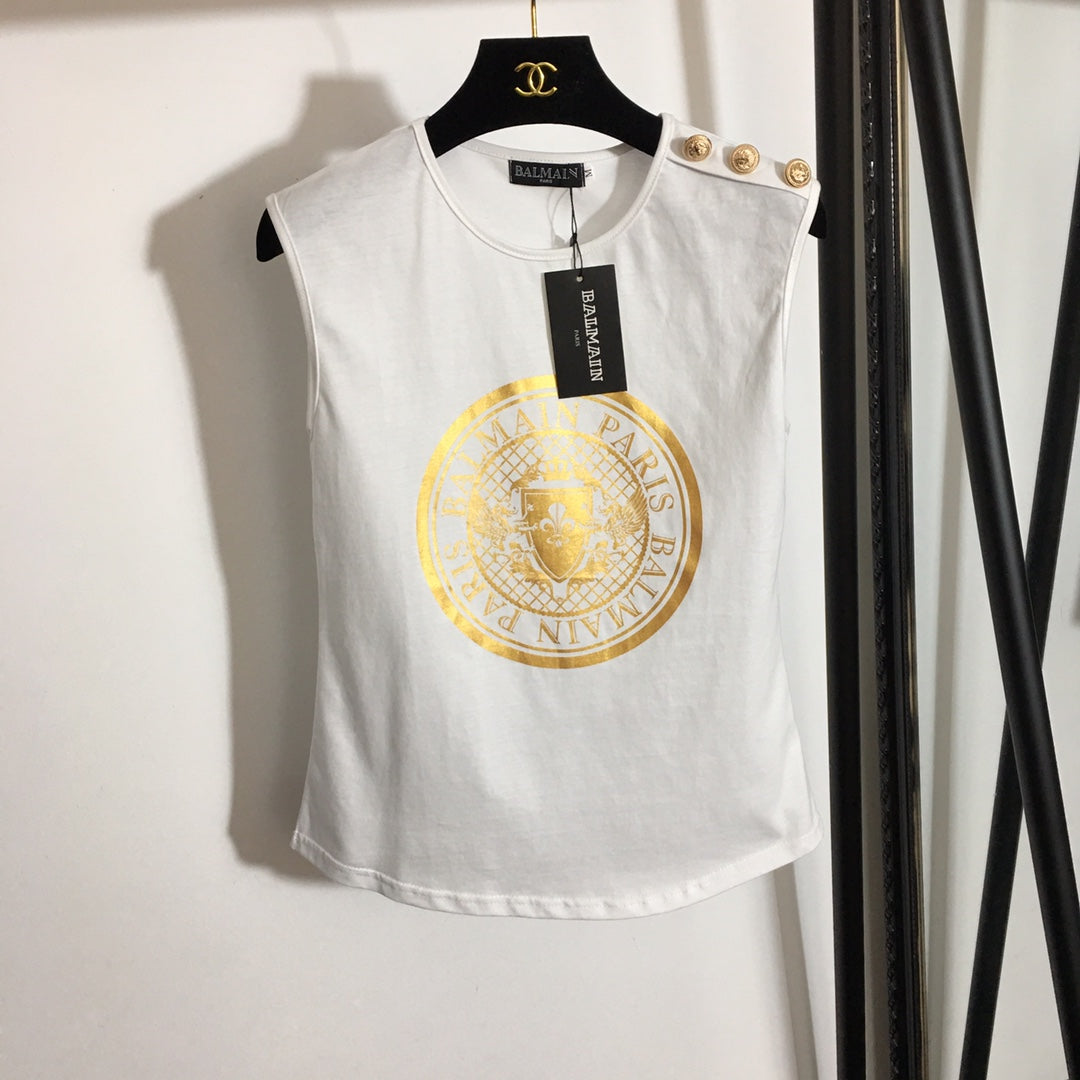 Balmai* new hot stamping printing custom metal shoulder buckle sleeveless T-shirt small vest