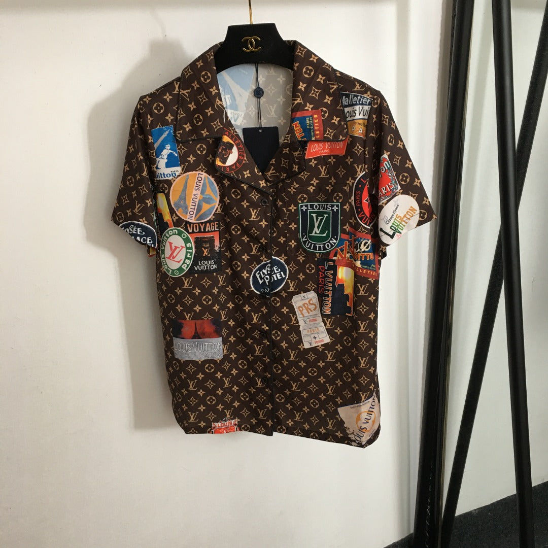 LV* new home style pajama set, retro stamp old flower logo printed short-sleeved shirt + shorts