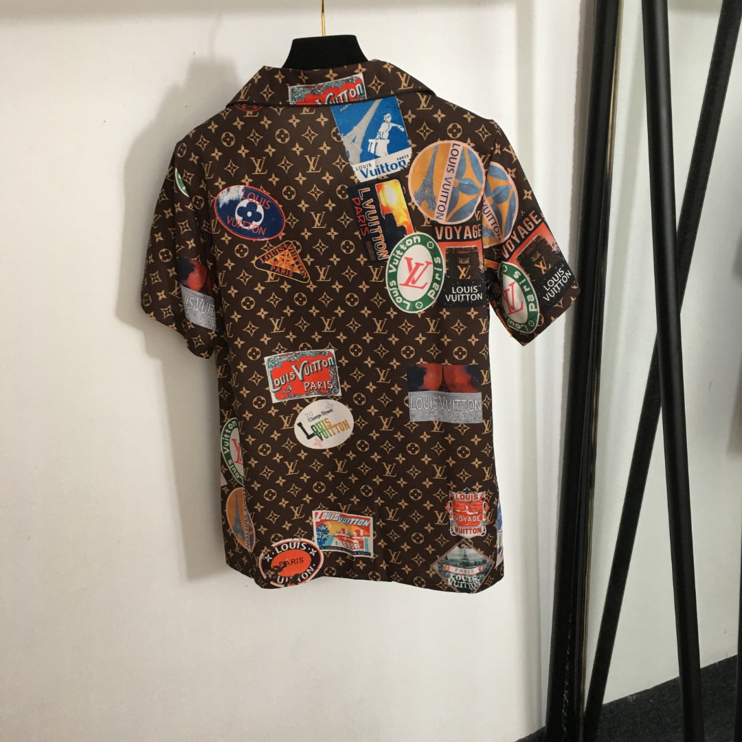 LV* new home style pajama set, retro stamp old flower logo printed short-sleeved shirt + shorts