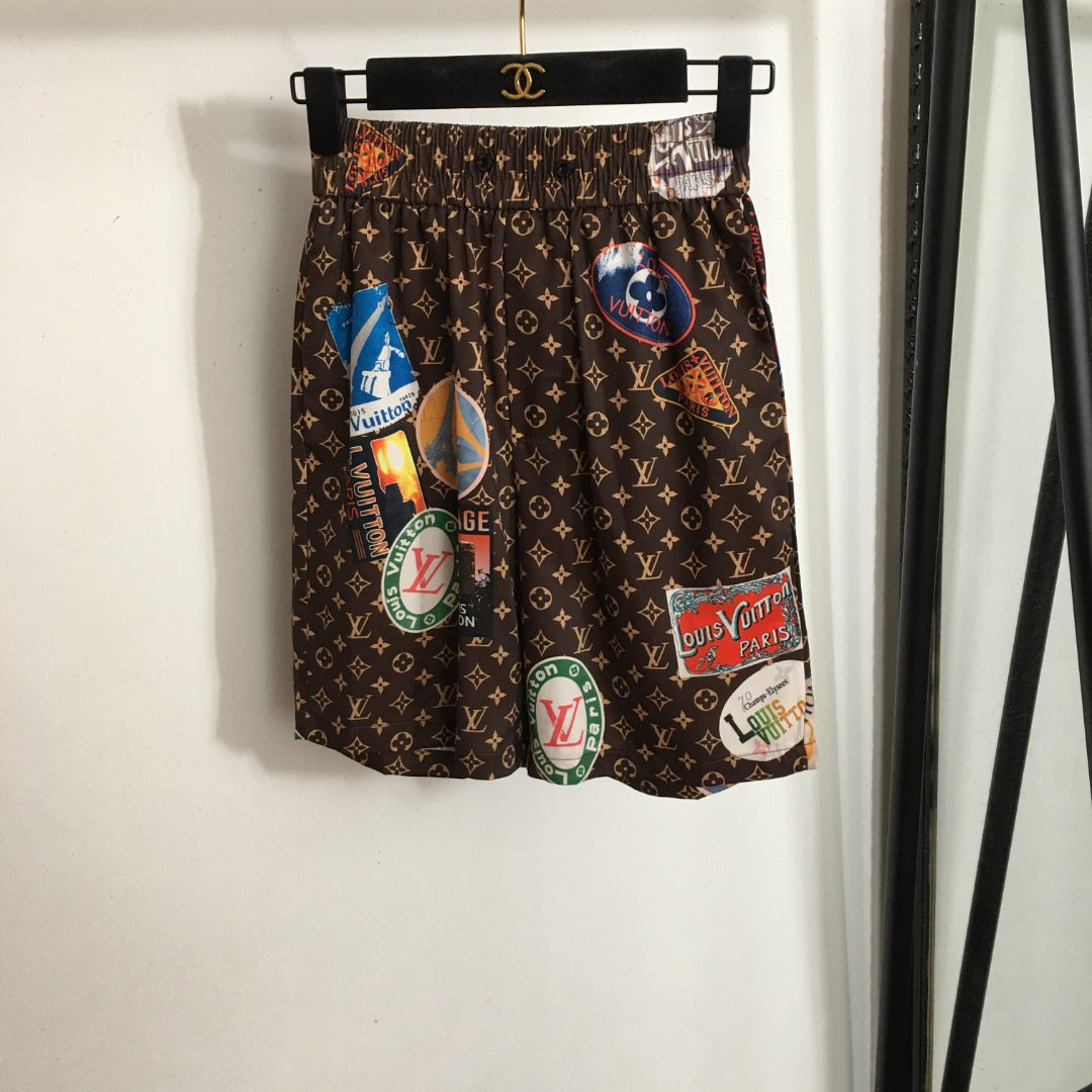 LV* new home style pajama set, retro stamp old flower logo printed short-sleeved shirt + shorts