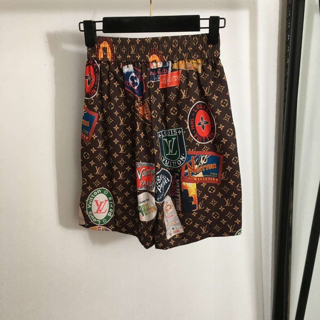 LV* new home style pajama set, retro stamp old flower logo printed short-sleeved shirt + shorts