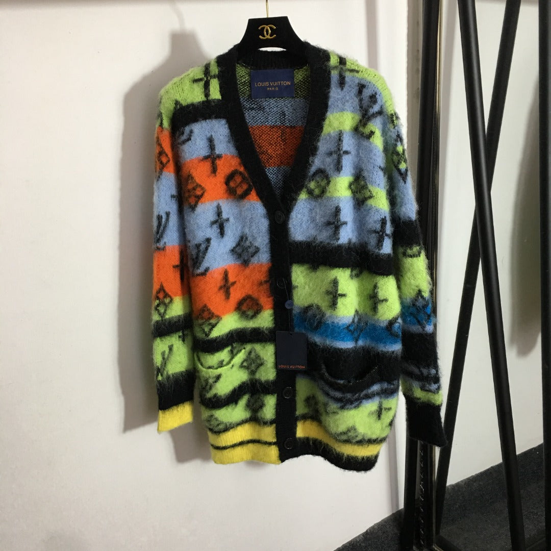 LV* new style monogram logo single-breasted V-neck long-sleeved mohair knitted cardigan jacket