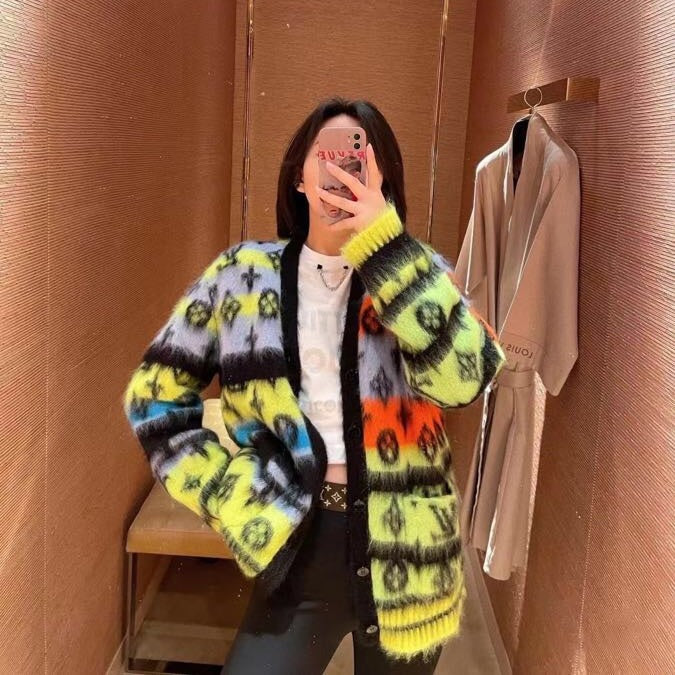 LV* new style monogram logo single-breasted V-neck long-sleeved mohair knitted cardigan jacket