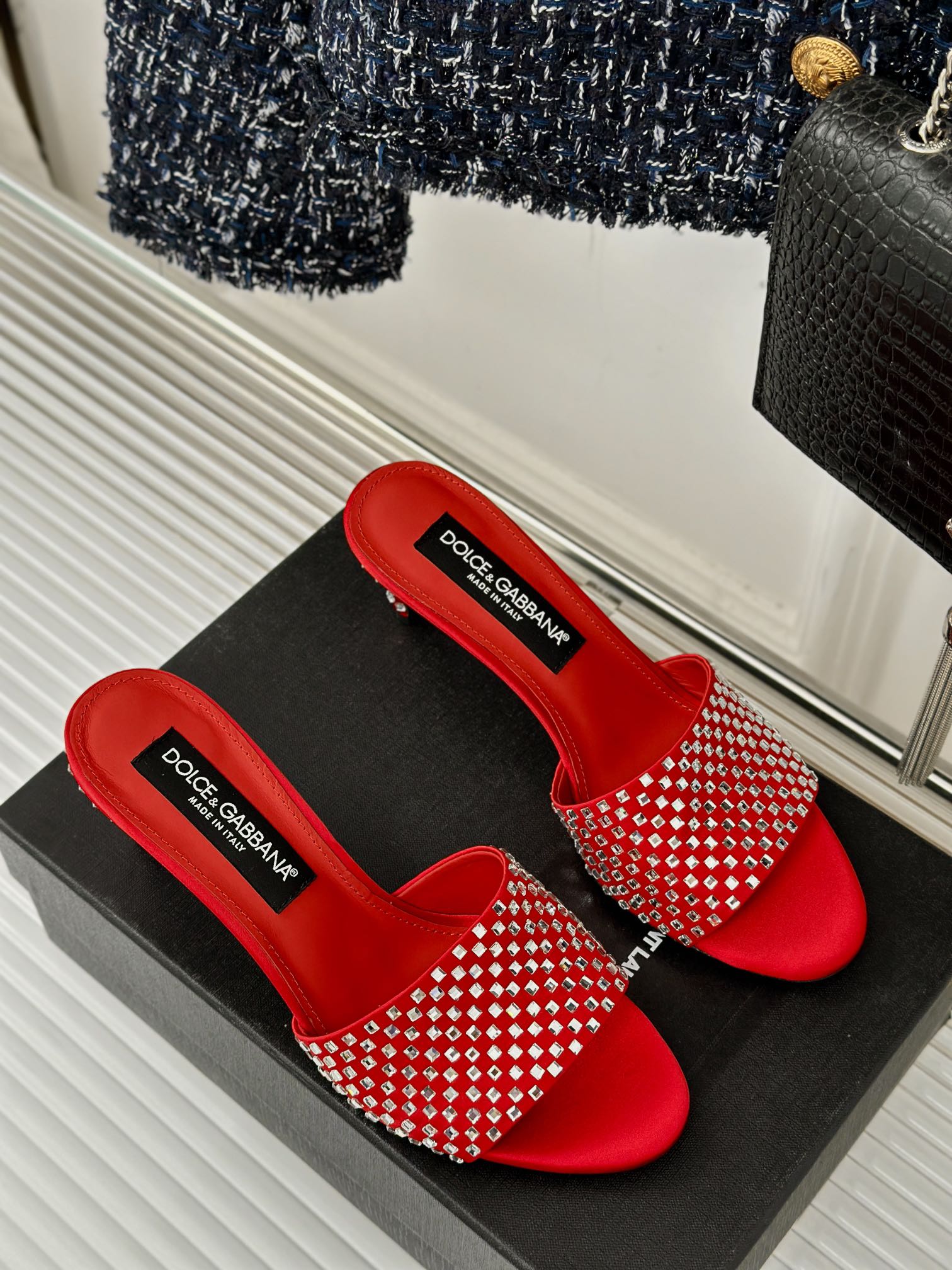 D*LCE&GABBANA24S Spring and Summer New Rhinestone High Heel Slippers VIP 1:1