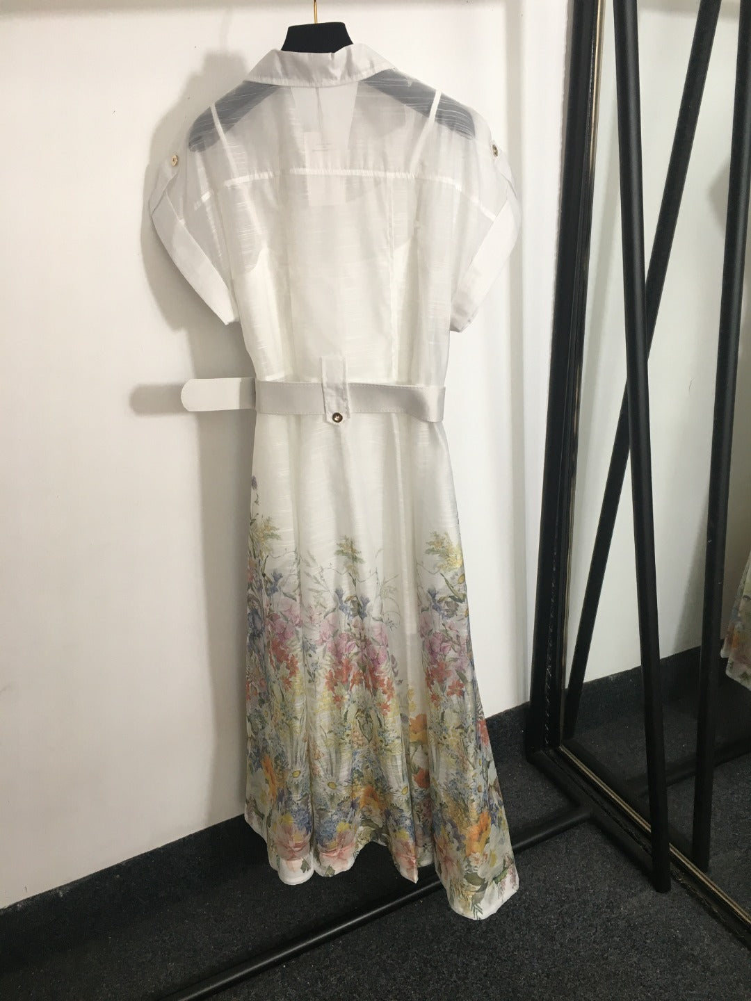 Zimmerma**White Colorful Flower Printed Hem Waist Short Sleeve Dress