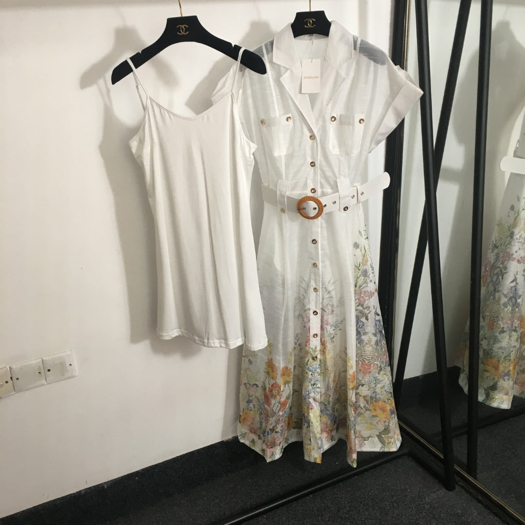 Zimmerma**White Colorful Flower Printed Hem Waist Short Sleeve Dress