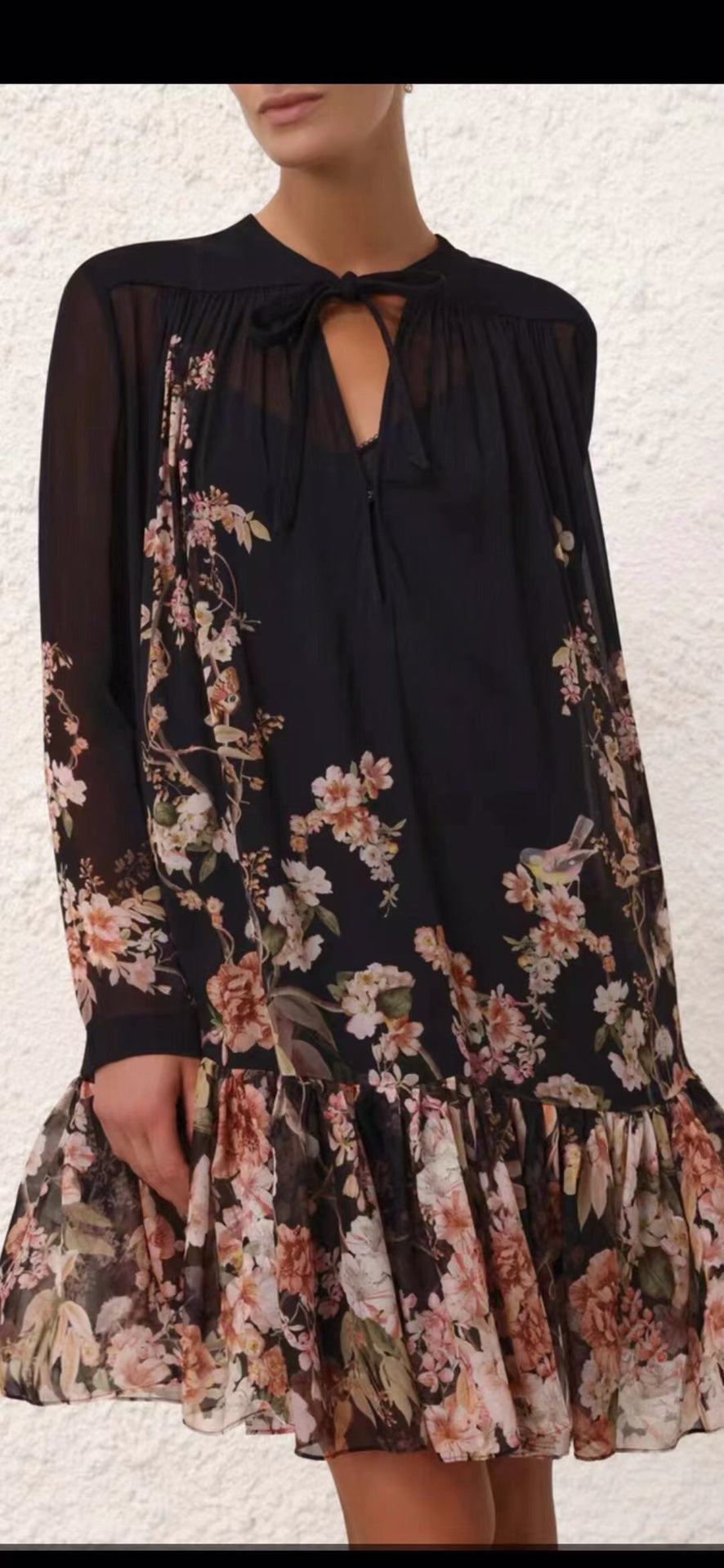 Zimmerma** Pink small flower print lotus leaf hem long sleeve flowing silk black dress